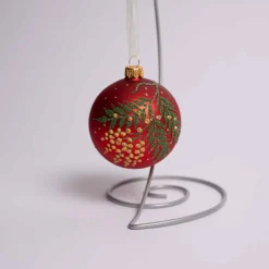 3 Inch Red Glass Ball With Greenery