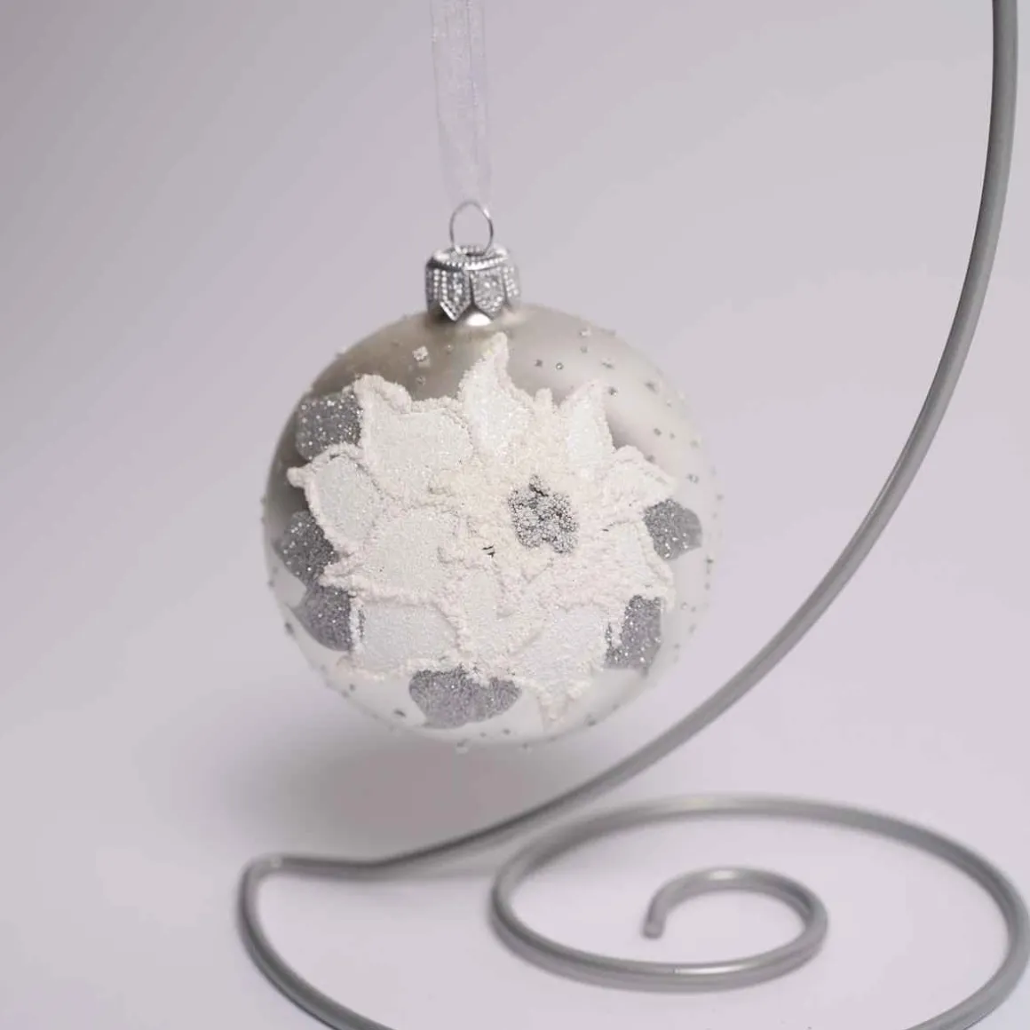 Silver Glass Ball With Poinsettia